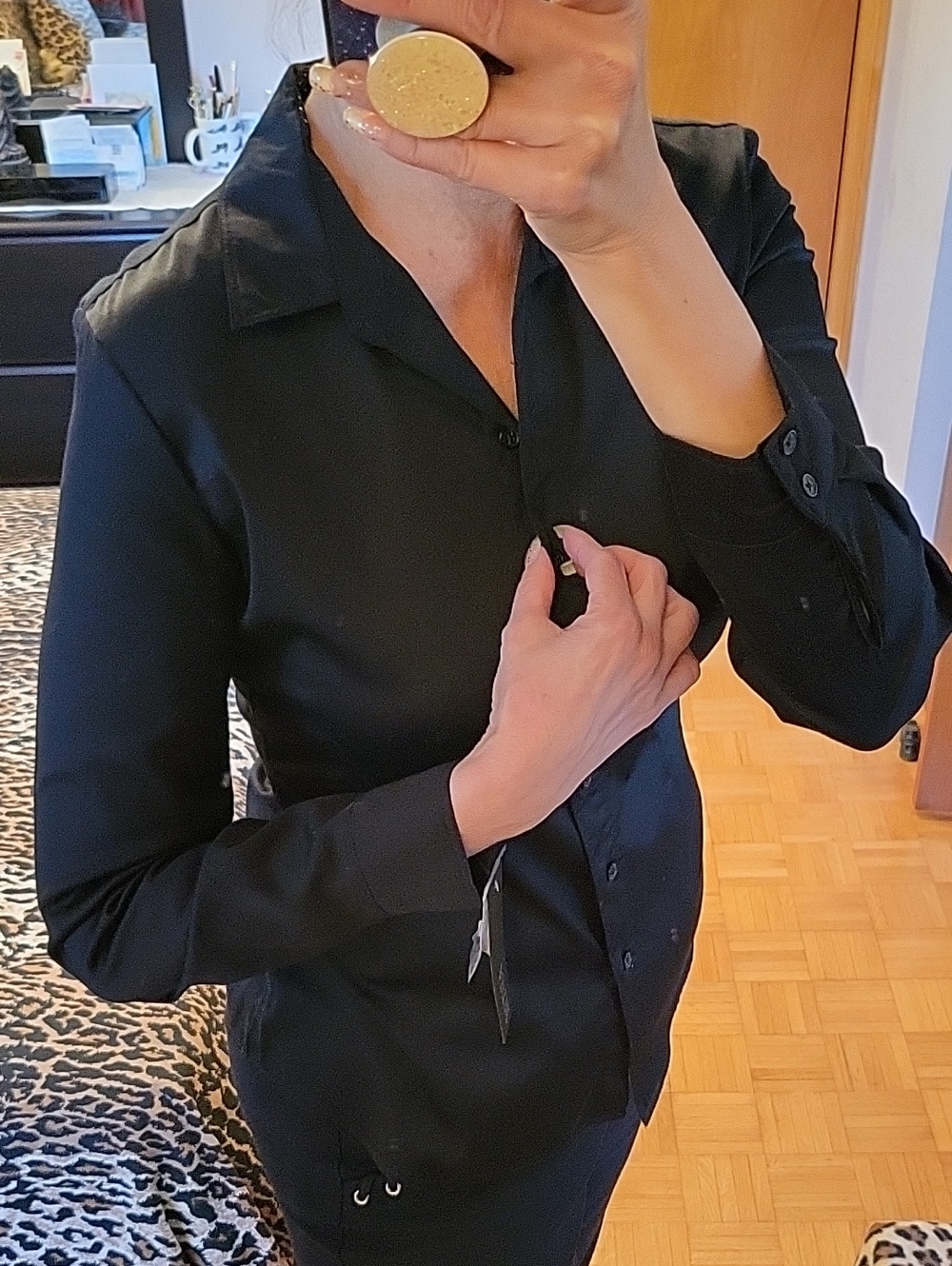 NEW! Apt. 9 Black Button-Up Long Sleeve Blouse, Cotton Sateen, M